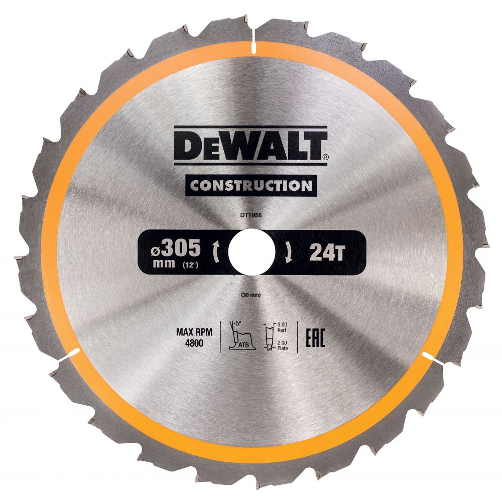Пильный диск DEWALT DT1958, CONSTRUCTION по дереву с гвоздями 305/30, 24 ATB -5°