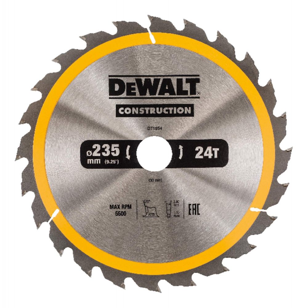 Пильный диск DEWALT DT1954, CONSTRUCTION по дереву с гвоздями 235/30, 24 ATB +20°