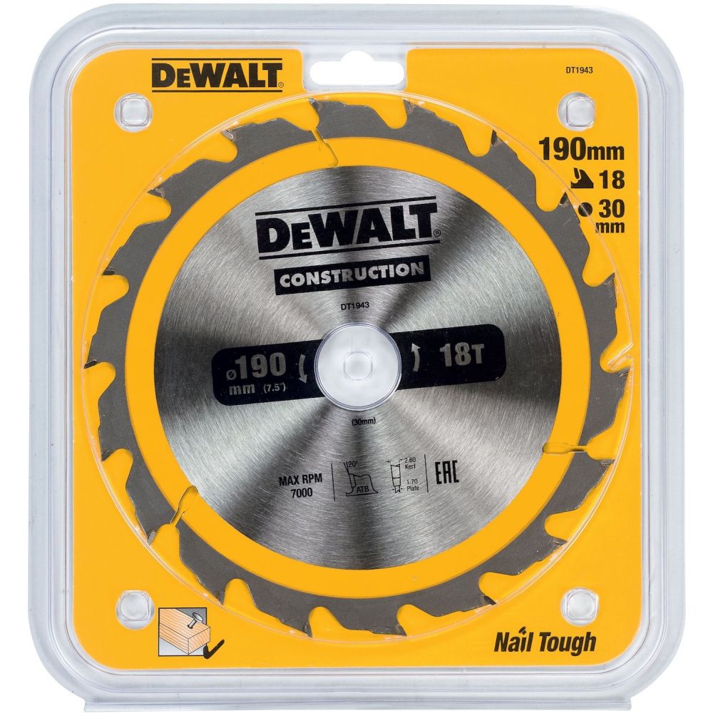 Пильный диск DEWALT DT1943, CONSTRUCTION по дереву с гвоздями 190/30, 18 ATB +20°
