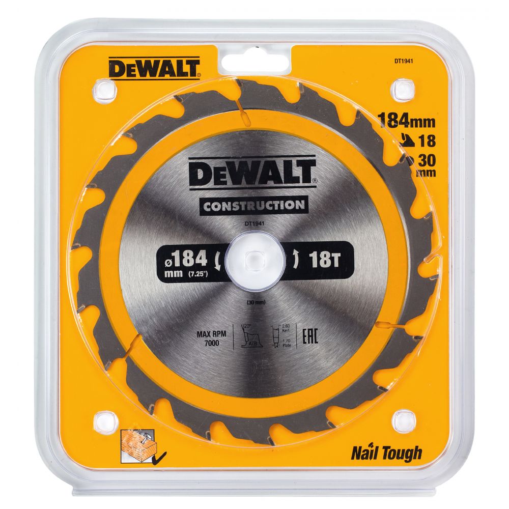 Пильный диск DEWALT DT1941, CONSTRUCTION по дереву с гвоздями 184/30, 18 ATB +20°