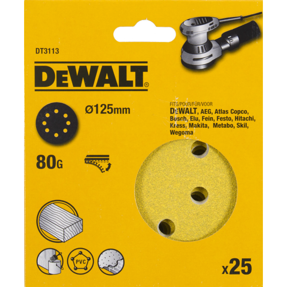 Шлифовальные круги DEWALT DT3113, 125 мм, 8 отверстий, 80G, 25 шт.